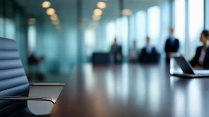 Modern office meeting space with sleek chair and blurred professionals in the background
