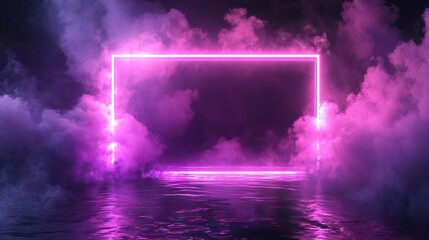 Ethereal neon rectangle border hovering over dark rippling water, mystical purple light piercing through soft smoke clouds, ultraviolet luminous frame with light particles and sparkles, otherworldly