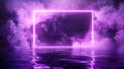Ethereal neon rectangle border hovering over dark rippling water, mystical purple light piercing through soft smoke clouds, ultraviolet luminous frame with light particles and sparkles, otherworldly