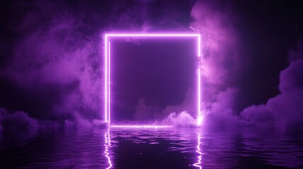 Futuristic luminous purple rectangle suspended over reflective black water, neon geometric border surrounded by drifting smoke, magical portal with brilliant light flares, surreal 3D digital