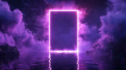 Futuristic luminous purple rectangle suspended over reflective black water, neon geometric border surrounded by drifting smoke, magical portal with brilliant light flares, surreal 3D digital