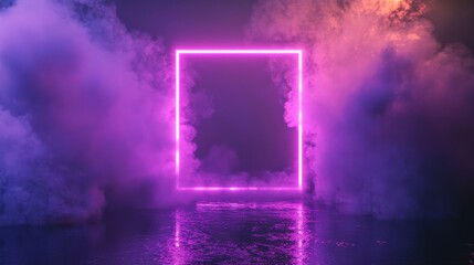 Futuristic luminous purple rectangle suspended over reflective black water, neon geometric border surrounded by drifting smoke, magical portal with brilliant light flares, surreal 3D digital