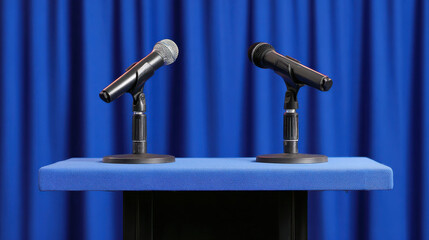 Microphone podium blue curtain government shutdown backdrop press conference mood
