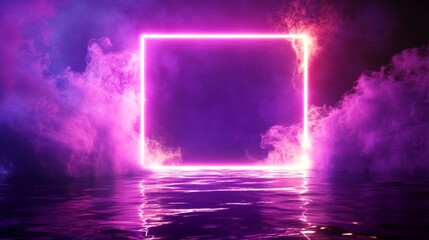 Vivid ultraviolet neon rectangle frame casting glow onto rippling water below, ethereal glowing border surrounded by wisps of smoke, magical geometric portal with bright sparkles and light rays,