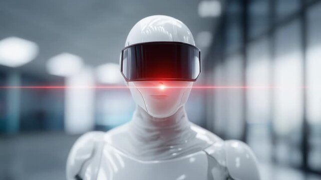Futuristic humanoid robot with sleek visor in a modern technology setting