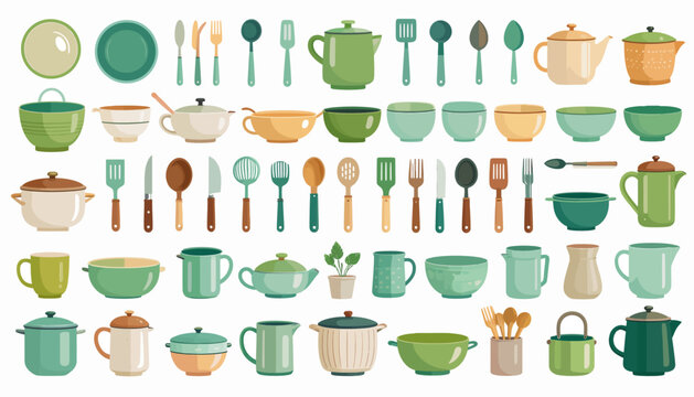 A comprehensive collection of various kitchen and dining utensils, cookware, and tableware items.