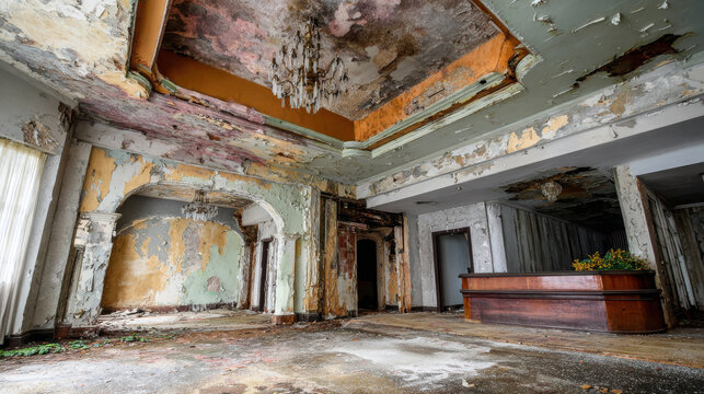 Abandoned hotel lobby peeling paint chandelier decay mold wooden counter government shutdown causes decay abandoned hotel