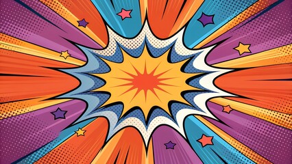 Retro comic book explosion burst shape with halftone dots and stars on a transparent background isolated on transparent background