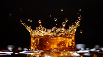 Aged whiskey splash frozen in time, amber liquid with honey-gold highlights forming perfect crown shape, caramel tones against black backdrop, studio lighting accentuating viscosity