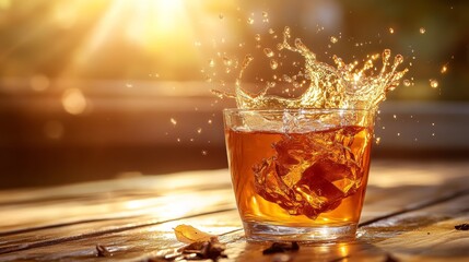 Ceylon tea splashing from porcelain cup, sun-dappled golden-brown liquid creating arc through air, translucent amber tones showing depth variation, high-speed photography freezing motion