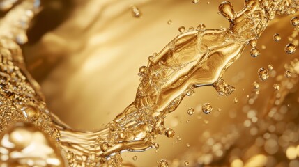 Luxurious champagne-colored oil droplets colliding in slow motion, golden liquid creating abstract sculpture mid-air, metallic sheens with bronze undertones