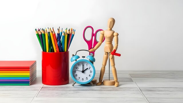 Still life of art supplies including colored pencils clock and a wooden mannequin on a table