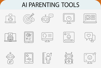 AI parenting tools line icons, digital childcare monitoring support system