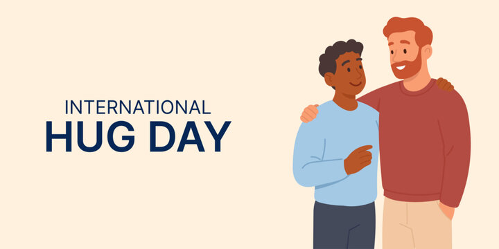 International Hug Day banner. Two men sharing friendly hug showing warmth and emotional support, illustration celebrating International Hug Day with positive message of care