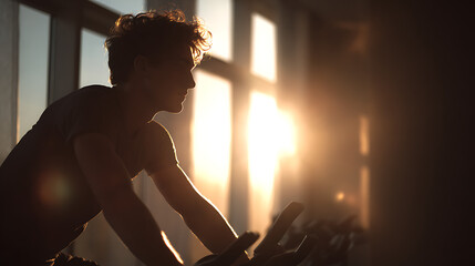 young man engaged in cardio training on an exercise bike early in the morning capturing motivation energy endurance and a healthy active indoor workout environment