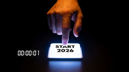 A hand pressing a glowing button labeled start and the year two thousand twenty six on a black backdrop