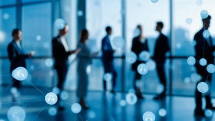 Business networking and collaboration in modern office with silhouettes and digital icons - Powered by Adobe