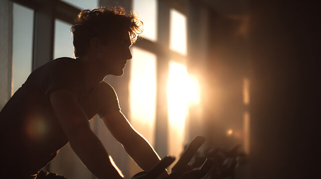young man engaged in cardio training on an exercise bike early in the morning capturing motivation energy endurance and a healthy active indoor workout environment