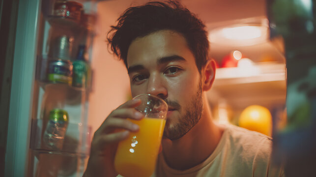 young man sipping orange juice while standing in a quiet kitchen at night with the fridge wide open showing a cozy domestic setting and relaxed lifestyle vibe