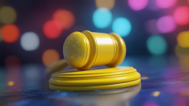 Vibrant yellow gavel on a reflective surface with colorful bokeh background for legal themes
