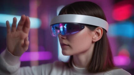 Young woman wearing futuristic augmented reality glasses in a colorful tech environment