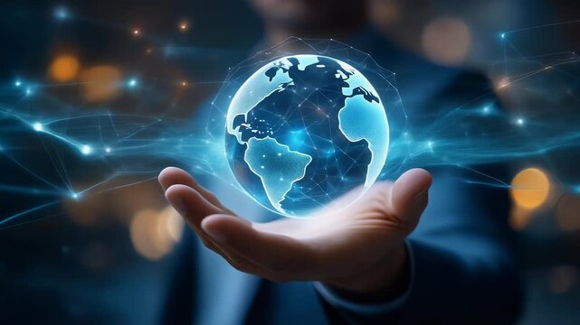 Creative digital rendering of a glowing globe in a hand symbolizing technology and global connectivity