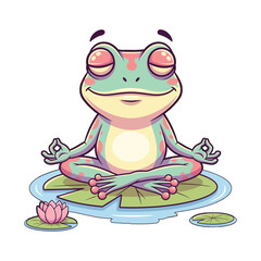 Cute Meditating Frog Cartoon Sitting on Lotus Leaf in Yoga Pose  Zen Mindfulness Vector
