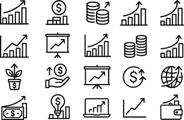 Naklejka premium Collection of financial growth and investment icons with upward trending graphs and dollar signs finance