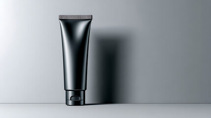 modern beauty branding concept with black cosmetic tube on gray background, luxury skincare packaging mockup and shadow effect