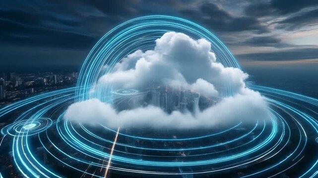 Futuristic city skyline with digital cloud technology and data visualization effects