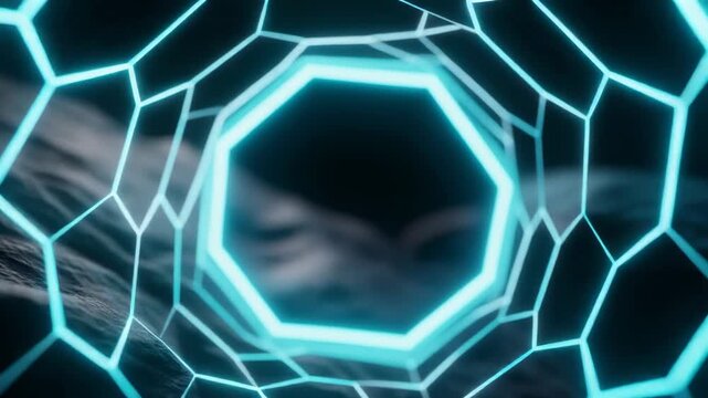 Modern abstract hexagonal structure with glowing blue lines, perfect for technology and science themes