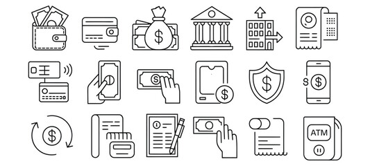 Collection of financial icons including wallets money bags bank building and A T M finance cash