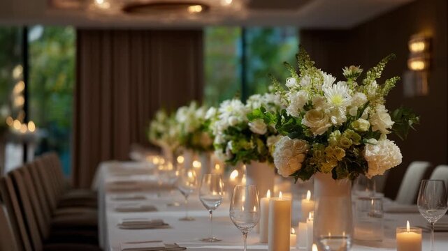 Elegant floral centerpieces and candlelight dinner setting for special occasions