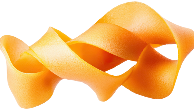 Spiral orange peel twist with vibrant curled citrus ribbon fresh aromatic zest detailed bright fruit strip isolated on white background