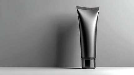 modern beauty branding concept with black cosmetic tube on gray background, luxury skincare packaging mockup and shadow effect