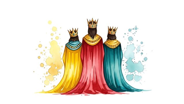 Three wise men in watercolor robes and crowns, spiritual holiday illustration style
