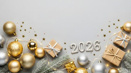 Festive New Year 2026 background with golden and silver ornaments, gifts, and fir branches.
