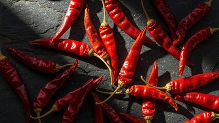 A collection of bright red chili peppers are scattered on a dark textured surface creating a visually striking contrast