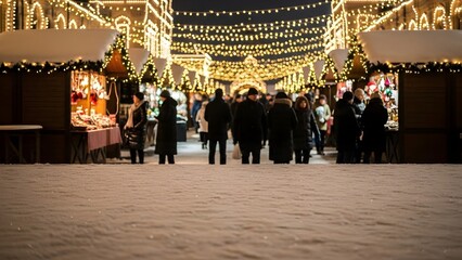 A festive outdoor Christmas market at night, covered in snow, with numerous string lights illuminating the stalls and people walking around.