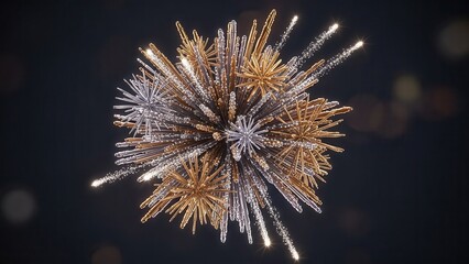 Exploding fireworks display illuminating the night sky with golden and silver bursts