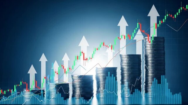 Stacks of coins with upward arrows and a stock market chart overlay