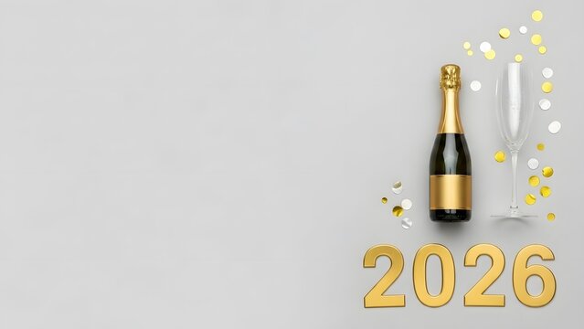 New Year's Eve celebration concept with champagne bottle, flute, confetti, and 2026 numbers on a grey background.