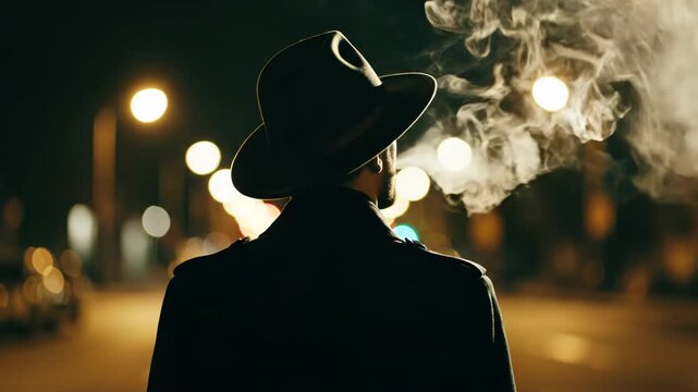 Silhouette of a man in a fedora hat smoking a cigar on a dark city street at night with bokeh lights