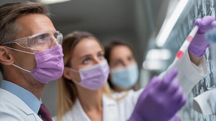 Healthcare professionals collaborating in a laboratory with masks and gloves for safe medical practices