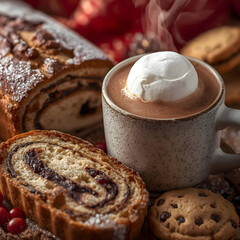 Warm hot chocolate with creamy whipped cream cozy mug. Surrounded by festive baked goods, including sweet pastry roll, delicious cake, and chocolate chip cookie. Indulgent dessert spread