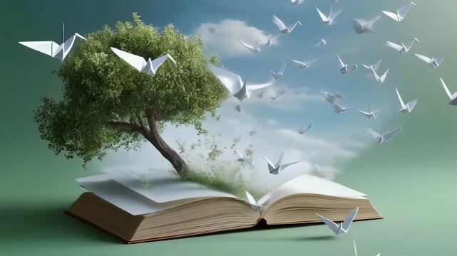 Creative book tree concept with origami cranes symbolizing growth and imagination