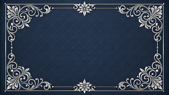 Elegant vintage ornamental frame with floral swirls on dark blue background