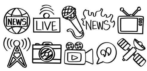 Set of hand drawn Media And News theme. Collection of News Globe, Live Sign, Microphone, News Text, Television, Antenna Tower, Camera, Video Camera, Quote Bubble, Satellite Symbol Isolated Vector