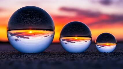 Three crystal balls reflecting a sunset on a dark surface with a colorful sky in the background