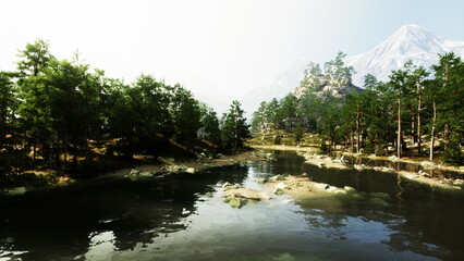 This tranquil scene features a calm lake reflecting towering mountains under soft morning light. Lush trees surround the water, creating a great escape into natures beauty.